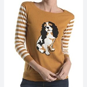 Mak Sweater Spaniel Intarsia Knit Sweater 3/4 Striped Sleeves